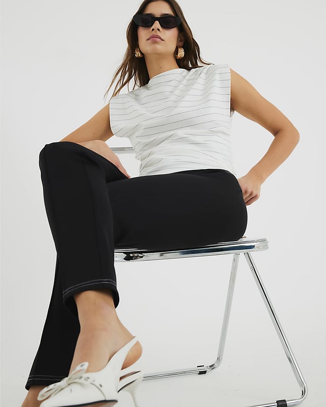 Stripe, High neck, Short sleeves, Drape detail
