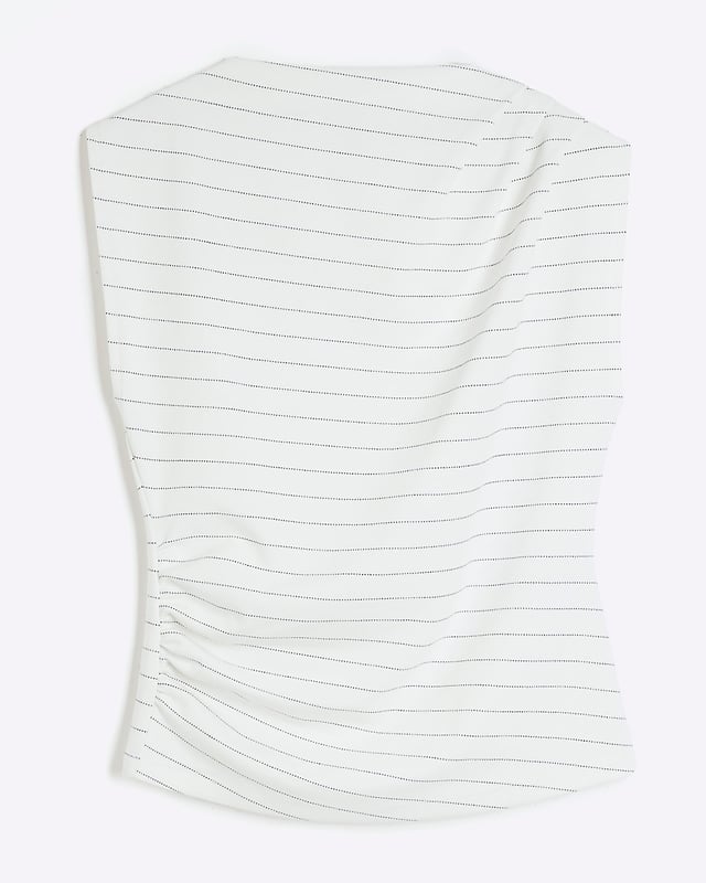 Stripe, High neck, Short sleeves, Drape detail