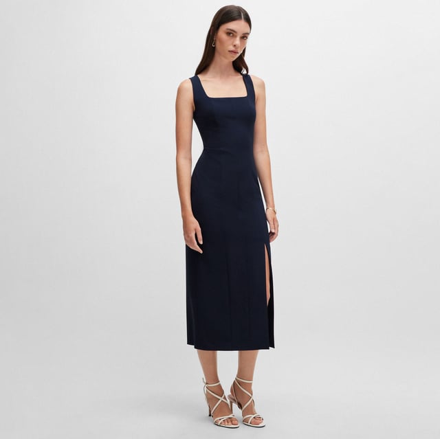 Womens BOSS Dineza business dress with seaming details in dark blue.A refined dress by BOSS Womenswear. Featuring flattering seaming and wide straps  this elegant dress is crafted in stretch fabric for easy movement. Smooth lining enhances the streamlined look.- Fit back length: 125cm (49 inches)- Main material: 67% Polyester  29% Viscose  4% Elastane.  Lining: 54% Viscose  43% Polyamide  3% Elastane.  Dry clean.- Ref: 50516023-404