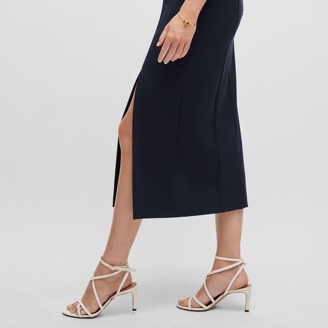 Womens BOSS Dineza business dress with seaming details in dark blue.A refined dress by BOSS Womenswear. Featuring flattering seaming and wide straps  this elegant dress is crafted in stretch fabric for easy movement. Smooth lining enhances the streamlined look.- Fit back length: 125cm (49 inches)- Main material: 67% Polyester  29% Viscose  4% Elastane.  Lining: 54% Viscose  43% Polyamide  3% Elastane.  Dry clean.- Ref: 50516023-404