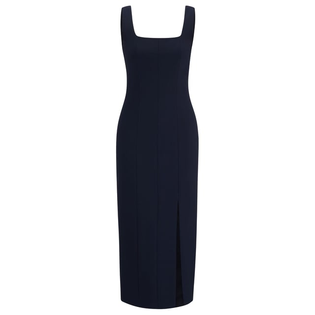 Womens BOSS Dineza business dress with seaming details in dark blue.A refined dress by BOSS Womenswear. Featuring flattering seaming and wide straps  this elegant dress is crafted in stretch fabric for easy movement. Smooth lining enhances the streamlined look.- Fit back length: 125cm (49 inches)- Main material: 67% Polyester  29% Viscose  4% Elastane.  Lining: 54% Viscose  43% Polyamide  3% Elastane.  Dry clean.- Ref: 50516023-404