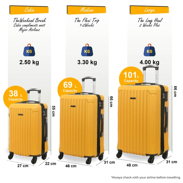Harde koffer met 8 wielen, geel ABS, reiskoffer Reis vol vertrouwen met deze robuuste handbagagekoffer, ontworpen voor veiligheid en bewegingsgemak. Hij is gemaakt van duurzaam ABS en beschikt over een geïntegreerd cijferslot voor extra bescherming en een soepel draaiend 8-wiels spinnersysteem voor moeiteloze navigatie. Kenmerken: Geïntegreerd cijferslot: Zorgt voor veilig reizen met een ingebouwd, TSA-conform cijferslot, zodat uw bezittingen veilig blijven en de veiligheidsinspectie op de luchthaven zonder schade kan plaatsvinden. 8-wiels spinnersysteem: Uitgerust met acht soepel draaiende spinnerwielen biedt dit systeem moeiteloze 360-graden manoeuvreerbaarheid, waardoor u gemakkelijk door drukke luchthavens en treinstations kunt navigeren. Duurzame ABS-harde schaal: Gemaakt van hoogwaardig ABS-materiaal, biedt de harde schaal robuuste bescherming tegen stoten en krassen, zodat uw bezittingen tijdens uw reis veilig blijven. Specificaties: Afmetingen cabine: 55 x 27 x 22 cm Gewicht: 2,50 kg Inhoud: 38 l Afmetingen medium: 66 x 46 x 28 cm Gewicht: 3,30 kg Inhoud: 69 l Afmetingen groot: 66 x 48 x 31 cm Gewicht: 4,0 kg Inhoud: 101 l LET OP: Deze koffers worden afzonderlijk verkocht, niet als set. Selecteer dus uw voorkeursmaat!