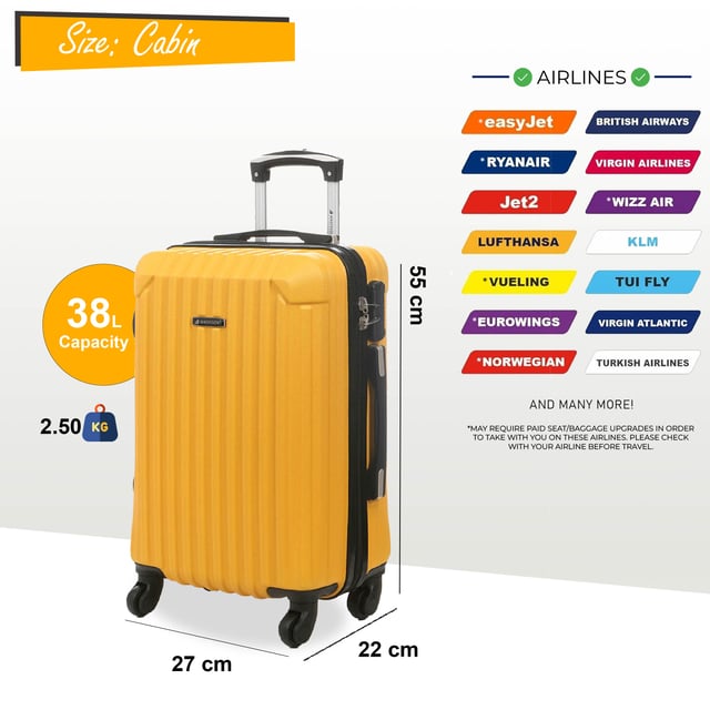 Harde koffer met 8 wielen, geel ABS, reiskoffer Reis vol vertrouwen met deze robuuste handbagagekoffer, ontworpen voor veiligheid en bewegingsgemak. Hij is gemaakt van duurzaam ABS en beschikt over een geïntegreerd cijferslot voor extra bescherming en een soepel draaiend 8-wiels spinnersysteem voor moeiteloze navigatie. Kenmerken: Geïntegreerd cijferslot: Zorgt voor veilig reizen met een ingebouwd, TSA-conform cijferslot, zodat uw bezittingen veilig blijven en de veiligheidsinspectie op de luchthaven zonder schade kan plaatsvinden. 8-wiels spinnersysteem: Uitgerust met acht soepel draaiende spinnerwielen biedt dit systeem moeiteloze 360-graden manoeuvreerbaarheid, waardoor u gemakkelijk door drukke luchthavens en treinstations kunt navigeren. Duurzame ABS-harde schaal: Gemaakt van hoogwaardig ABS-materiaal, biedt de harde schaal robuuste bescherming tegen stoten en krassen, zodat uw bezittingen tijdens uw reis veilig blijven. Specificaties: Afmetingen cabine: 55 x 27 x 22 cm Gewicht: 2,50 kg Inhoud: 38 l Afmetingen medium: 66 x 46 x 28 cm Gewicht: 3,30 kg Inhoud: 69 l Afmetingen groot: 66 x 48 x 31 cm Gewicht: 4,0 kg Inhoud: 101 l LET OP: Deze koffers worden afzonderlijk verkocht, niet als set. Selecteer dus uw voorkeursmaat!