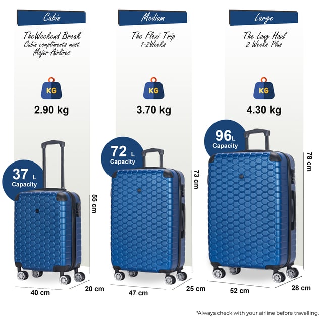 Uitbreidbare blauwe harde ABS 8-wiel bagage reiskoffer handbagage vakantie koffer Deze uitbreidbare harde koffer is ontworpen voor de moderne reiziger en biedt een perfecte balans tussen duurzaamheid, veiligheid en extra ruimte. Of u nu voor zaken of plezier vliegt, deze stijlvolle koffers zijn gebouwd om soepel en gemakkelijk te verplaatsen en tegelijkertijd uw bezittingen veilig te houden. Kenmerken: • Duurzaam hardshellontwerp - Stevige, slagvaste buitenkant om uw bagage te beschermen tegen stoten en stoten tijdens uw reis. • Uitbreidbare opbergruimte - Voeg tot 20% meer ruimte toe met de uitbreidbare rits, perfect voor het inpakken van extra items of souvenirs. • Geïntegreerd combinatieslot - Ingebouwd TSA-conform slot zorgt ervoor dat uw bagage veilig en gemakkelijk toegankelijk blijft voor de luchthavenbeveiliging. • 8-wiel spinnersysteem - Dubbel 4-wielontwerp zorgt voor soepele, 360° rotatie, waardoor het manoeuvreren van uw bagage een fluitje van een cent wordt. Afmetingen en specificaties: • Cabine: 55 x 40 x 20 cm | Gewicht: 2,9 kg | Inhoud: 37L • Medium: 73 x 47 x 25 cm | Gewicht: 3,7 kg | Inhoud: 72 l • Groot: 78 x 52 x 28 cm | Gewicht: 4,3 kg | Inhoud: 96 l • Extra groot: 87 x 57 x 34 cm | Gewicht: 5,2 kg | Inhoud: 135 l LET OP: Deze koffers worden afzonderlijk verkocht, niet als set. Selecteer daarom uw gewenste maat voordat u bestelt!