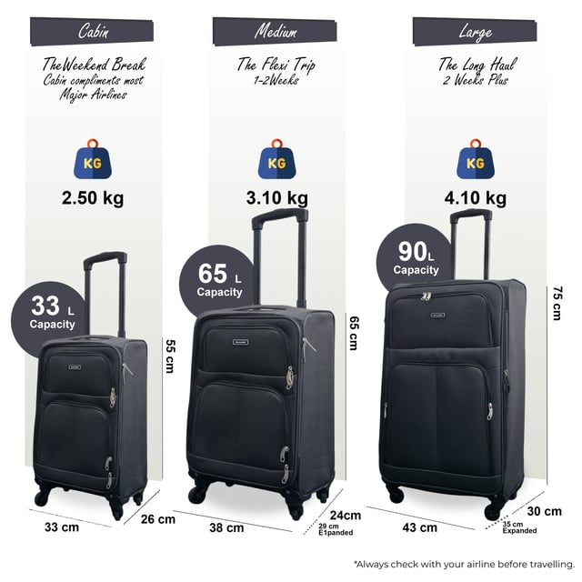 Mejora tu experiencia de viaje con este equipaje Softshell expandible, diseñado para ofrecer máxima flexibilidad, mayor capacidad y suave maniobrabilidad. Ya sea que te vayas de vacaciones cortas o de una aventura de larga distancia, estas maletas te mantienen organizado, seguro y listo para cualquier cosa. Características: • Exterior Softshell flexible: el material duradero pero liviano facilita el empaque y permite una ligera flexibilidad cuando el espacio es reducido. • Compartimentos expandibles: ¿necesitas más espacio? Usa la cremallera de expansión para aumentar el espacio de almacenamiento hasta en un 20% para souvenirs, ropa extra o artículos esenciales de último minuto. • Cerradura de combinación integrada: viaja sin estrés con cerraduras de seguridad integradas que cumplen con los estándares internacionales de inspección de aeropuertos. • Ruedas giratorias: cuatro ruedas multidireccionales proporcionan un movimiento suave de 360° para una fácil navegación en el aeropuerto. Tamaño y especificaciones: • Cabina: 55 x 33 x 21 cm | Peso: 2,5 kg | Capacidad: 33 L • Mediano: 65 x 38 x 24 cm (se expande a 29 cm) | Peso: 3,1 kg | Capacidad: 65L • Grande: 75 x 43 x 28 cm (se expande a 33 cm) | Peso: 4,1 kg | Capacidad: 90L NOTA: ¡Estas maletas se venden individualmente, no como conjunto, así que seleccione su tamaño preferido!