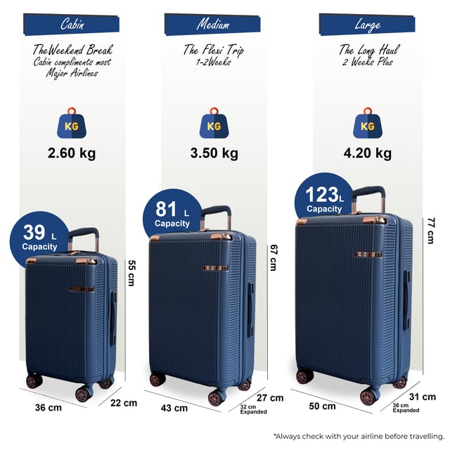 Travel confidently with this lightweight and secure hard shell luggage. Constructed from durable polycarbonate, it offers superior impact resistance, and features TSA locks for enhanced security, 8-wheel spinners for effortless movement, and expandable capacity for added packing flexibility.

Features:

Durable Polycarbonate Shell: Crafted from high-quality polycarbonate, this shell provides exceptional impact resistance while remaining lightweight, ensuring your belongings are well-protected throughout your journey.
TSA Combination Lock: Integrated TSA-approved combination lock offers enhanced security, allowing airport security to inspect your luggage without damage, providing peace of mind during travel.
8-Wheel 360° Spinner System: Equipped with eight smooth-rolling spinner wheels, this set allows for effortless 360-degree maneuverability, making navigating busy airports and train stations a breeze.
Expandable Design: Each suitcase features an expandable zipper, providing extra packing capacity when needed, ideal for bringing back souvenirs or accommodating additional items.
Ergonomic Telescopic Handle: The adjustable telescopic handle ensures comfortable and smooth handling, adapting to your preferred height for easy navigation.
Specifications:

Cabin: 55 x 36 x 22 cm, 2.6 kg, 39L
Medium: 67 x 43 x 27 (32 expanded) cm, 3.50 kg, 81L
Large: 77 x 50 x 31 (36 expanded) cm, 4.20 kg, 123L
NOTE : These suitcases are sold individually not as set, so please select your prefered size!