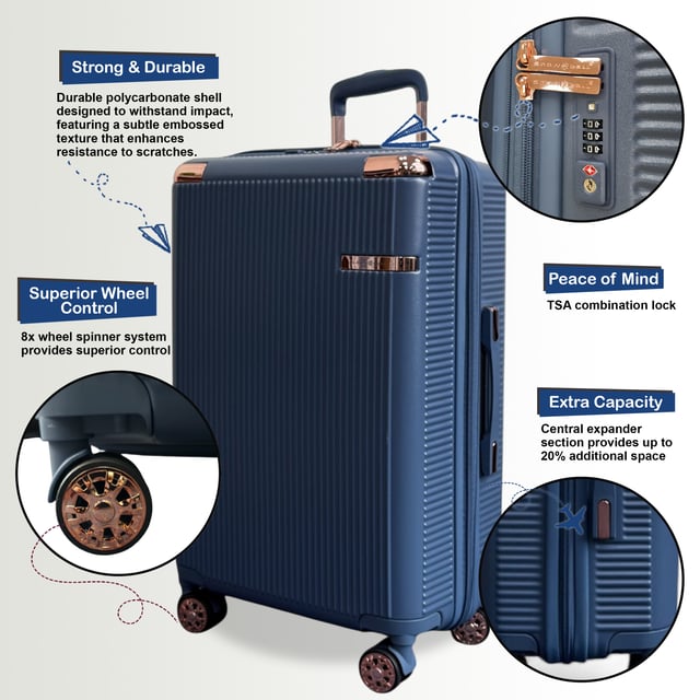 Travel confidently with this lightweight and secure hard shell luggage. Constructed from durable polycarbonate, it offers superior impact resistance, and features TSA locks for enhanced security, 8-wheel spinners for effortless movement, and expandable capacity for added packing flexibility.

Features:

Durable Polycarbonate Shell: Crafted from high-quality polycarbonate, this shell provides exceptional impact resistance while remaining lightweight, ensuring your belongings are well-protected throughout your journey.
TSA Combination Lock: Integrated TSA-approved combination lock offers enhanced security, allowing airport security to inspect your luggage without damage, providing peace of mind during travel.
8-Wheel 360° Spinner System: Equipped with eight smooth-rolling spinner wheels, this set allows for effortless 360-degree maneuverability, making navigating busy airports and train stations a breeze.
Expandable Design: Each suitcase features an expandable zipper, providing extra packing capacity when needed, ideal for bringing back souvenirs or accommodating additional items.
Ergonomic Telescopic Handle: The adjustable telescopic handle ensures comfortable and smooth handling, adapting to your preferred height for easy navigation.
Specifications:

Cabin: 55 x 36 x 22 cm, 2.6 kg, 39L
Medium: 67 x 43 x 27 (32 expanded) cm, 3.50 kg, 81L
Large: 77 x 50 x 31 (36 expanded) cm, 4.20 kg, 123L
NOTE : These suitcases are sold individually not as set, so please select your prefered size!