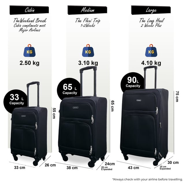 Mejora tu experiencia de viaje con este equipaje Softshell expandible, diseñado para ofrecer máxima flexibilidad, mayor capacidad y suave maniobrabilidad. Ya sea que te vayas de vacaciones cortas o de una aventura de larga distancia, estas maletas te mantienen organizado, seguro y listo para cualquier cosa. Características: • Exterior Softshell flexible: el material duradero pero liviano facilita el empaque y permite una ligera flexibilidad cuando el espacio es reducido. • Compartimentos expandibles: ¿necesitas más espacio? Usa la cremallera de expansión para aumentar el espacio de almacenamiento hasta en un 20% para souvenirs, ropa extra o artículos esenciales de último minuto. • Cerradura de combinación integrada: viaja sin estrés con cerraduras de seguridad integradas que cumplen con los estándares internacionales de inspección de aeropuertos. • Ruedas giratorias: cuatro ruedas multidireccionales proporcionan un movimiento suave de 360° para una fácil navegación en el aeropuerto. Tamaño y especificaciones: • Cabina: 55 x 33 x 21 cm | Peso: 2,5 kg | Capacidad: 33 L • Mediano: 65 x 38 x 24 cm (se expande a 29 cm) | Peso: 3,1 kg | Capacidad: 65L • Grande: 75 x 43 x 28 cm (se expande a 33 cm) | Peso: 4,1 kg | Capacidad: 90L NOTA: ¡Estas maletas se venden individualmente, no como conjunto, así que seleccione su tamaño preferido!