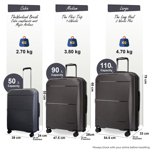 Reisen Sie mit diesem erweiterbaren Hartschalenkoffer selbstbewusst und mit Stil. Diese Koffer wurden entwickelt, um ein Maximum an Platz, Sicherheit und Haltbarkeit zu bieten und eignen sich perfekt für jede Reise, egal ob Kurztrip oder längerer Urlaub. Eigenschaften: • Robuste Hartschalenkonstruktion – Das robuste, stoßfeste Äußere schützt Ihre Sachen auch auf den holprigsten Reisen. • Erweiterbare Kapazität – Erweitern Sie Ihr Gepäck mit der Erweiterungsfunktion per Reißverschluss ganz einfach um bis zu 20 % und schaffen Sie so zusätzlichen Platz für Souvenirs und mehr. • TSA-Zahlenschloss – Die integrierte Sicherheit gewährleistet die Sicherheit Ihrer Wertsachen und erfüllt gleichzeitig die Reisesicherheitsstandards für einen einfachen Zugang am Flughafen. • 4-Rad-Spinnersystem – Gleiten Sie mühelos durch überfüllte Flughäfen oder Bahnhöfe mit sanfter 360°-Manövrierfähigkeit und verbesserter Stabilität und Handhabung. Größe und Spezifikationen: • Handgepäck: 55 x 39 x 24 cm (erweiterbar auf 29 cm) | Gewicht: 2,7 kg Fassungsvermögen: 50 l • Mittel: 68 x 47,5 x 28 cm (erweiterbar auf 33 cm) | Gewicht: 3,8 kg | Fassungsvermögen: 90 l • Groß: 78 x 54,5 x 33 cm (erweiterbar auf 38 cm) | Gewicht: 4,7 kg | Fassungsvermögen: 110 l HINWEIS: Diese Koffer werden einzeln und nicht als Set verkauft. Wählen Sie daher vor der Bestellung Ihre gewünschte Größe aus!