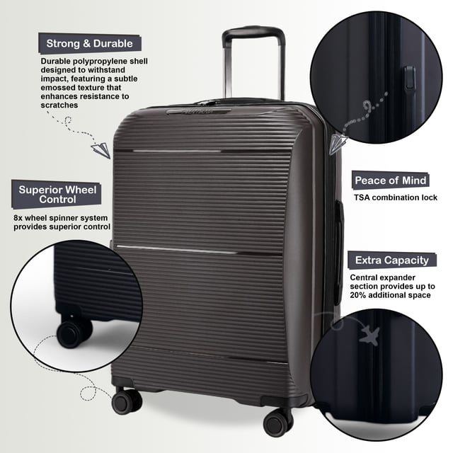 Reisen Sie mit diesem erweiterbaren Hartschalenkoffer selbstbewusst und mit Stil. Diese Koffer wurden entwickelt, um ein Maximum an Platz, Sicherheit und Haltbarkeit zu bieten und eignen sich perfekt für jede Reise, egal ob Kurztrip oder längerer Urlaub. Eigenschaften: • Robuste Hartschalenkonstruktion – Das robuste, stoßfeste Äußere schützt Ihre Sachen auch auf den holprigsten Reisen. • Erweiterbare Kapazität – Erweitern Sie Ihr Gepäck mit der Erweiterungsfunktion per Reißverschluss ganz einfach um bis zu 20 % und schaffen Sie so zusätzlichen Platz für Souvenirs und mehr. • TSA-Zahlenschloss – Die integrierte Sicherheit gewährleistet die Sicherheit Ihrer Wertsachen und erfüllt gleichzeitig die Reisesicherheitsstandards für einen einfachen Zugang am Flughafen. • 4-Rad-Spinnersystem – Gleiten Sie mühelos durch überfüllte Flughäfen oder Bahnhöfe mit sanfter 360°-Manövrierfähigkeit und verbesserter Stabilität und Handhabung. Größe und Spezifikationen: • Handgepäck: 55 x 39 x 24 cm (erweiterbar auf 29 cm) | Gewicht: 2,7 kg Fassungsvermögen: 50 l • Mittel: 68 x 47,5 x 28 cm (erweiterbar auf 33 cm) | Gewicht: 3,8 kg | Fassungsvermögen: 90 l • Groß: 78 x 54,5 x 33 cm (erweiterbar auf 38 cm) | Gewicht: 4,7 kg | Fassungsvermögen: 110 l HINWEIS: Diese Koffer werden einzeln und nicht als Set verkauft. Wählen Sie daher vor der Bestellung Ihre gewünschte Größe aus!