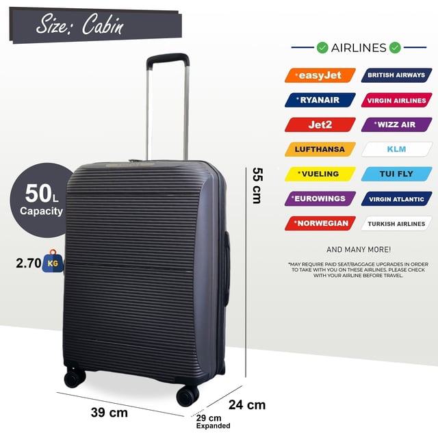 Reisen Sie mit diesem erweiterbaren Hartschalenkoffer selbstbewusst und mit Stil. Diese Koffer wurden entwickelt, um ein Maximum an Platz, Sicherheit und Haltbarkeit zu bieten und eignen sich perfekt für jede Reise, egal ob Kurztrip oder längerer Urlaub. Eigenschaften: • Robuste Hartschalenkonstruktion – Das robuste, stoßfeste Äußere schützt Ihre Sachen auch auf den holprigsten Reisen. • Erweiterbare Kapazität – Erweitern Sie Ihr Gepäck mit der Erweiterungsfunktion per Reißverschluss ganz einfach um bis zu 20 % und schaffen Sie so zusätzlichen Platz für Souvenirs und mehr. • TSA-Zahlenschloss – Die integrierte Sicherheit gewährleistet die Sicherheit Ihrer Wertsachen und erfüllt gleichzeitig die Reisesicherheitsstandards für einen einfachen Zugang am Flughafen. • 4-Rad-Spinnersystem – Gleiten Sie mühelos durch überfüllte Flughäfen oder Bahnhöfe mit sanfter 360°-Manövrierfähigkeit und verbesserter Stabilität und Handhabung. Größe und Spezifikationen: • Handgepäck: 55 x 39 x 24 cm (erweiterbar auf 29 cm) | Gewicht: 2,7 kg Fassungsvermögen: 50 l • Mittel: 68 x 47,5 x 28 cm (erweiterbar auf 33 cm) | Gewicht: 3,8 kg | Fassungsvermögen: 90 l • Groß: 78 x 54,5 x 33 cm (erweiterbar auf 38 cm) | Gewicht: 4,7 kg | Fassungsvermögen: 110 l HINWEIS: Diese Koffer werden einzeln und nicht als Set verkauft. Wählen Sie daher vor der Bestellung Ihre gewünschte Größe aus!