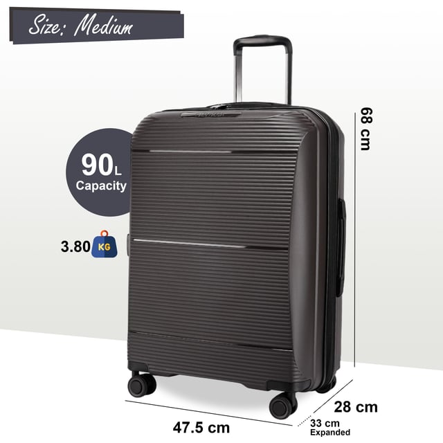 Reisen Sie mit diesem erweiterbaren Hartschalenkoffer selbstbewusst und mit Stil. Diese Koffer wurden entwickelt, um ein Maximum an Platz, Sicherheit und Haltbarkeit zu bieten und eignen sich perfekt für jede Reise, egal ob Kurztrip oder längerer Urlaub. Eigenschaften: • Robuste Hartschalenkonstruktion – Das robuste, stoßfeste Äußere schützt Ihre Sachen auch auf den holprigsten Reisen. • Erweiterbare Kapazität – Erweitern Sie Ihr Gepäck mit der Erweiterungsfunktion per Reißverschluss ganz einfach um bis zu 20 % und schaffen Sie so zusätzlichen Platz für Souvenirs und mehr. • TSA-Zahlenschloss – Die integrierte Sicherheit gewährleistet die Sicherheit Ihrer Wertsachen und erfüllt gleichzeitig die Reisesicherheitsstandards für einen einfachen Zugang am Flughafen. • 4-Rad-Spinnersystem – Gleiten Sie mühelos durch überfüllte Flughäfen oder Bahnhöfe mit sanfter 360°-Manövrierfähigkeit und verbesserter Stabilität und Handhabung. Größe und Spezifikationen: • Handgepäck: 55 x 39 x 24 cm (erweiterbar auf 29 cm) | Gewicht: 2,7 kg Fassungsvermögen: 50 l • Mittel: 68 x 47,5 x 28 cm (erweiterbar auf 33 cm) | Gewicht: 3,8 kg | Fassungsvermögen: 90 l • Groß: 78 x 54,5 x 33 cm (erweiterbar auf 38 cm) | Gewicht: 4,7 kg | Fassungsvermögen: 110 l HINWEIS: Diese Koffer werden einzeln und nicht als Set verkauft. Wählen Sie daher vor der Bestellung Ihre gewünschte Größe aus!
