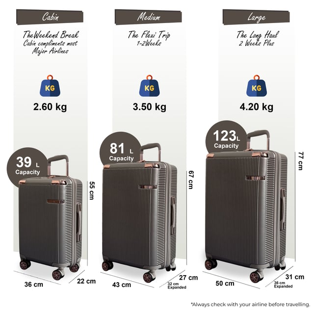Erweiterbarer, beiger Hartschalenkoffer mit 8 Rädern, Reisegepäck, Kabinenkoffer Reisen Sie beruhigt mit diesem leichten und sicheren Hartschalenkoffer. Der Koffer aus strapazierfähigem Polycarbonat ist äußerst stoßfest, verfügt über TSA-Schlösser für mehr Sicherheit, 8-Rad-Spinner für müheloses Bewegen und erweiterbares Fassungsvermögen für zusätzliche Flexibilität beim Packen. Eigenschaften: Strapazierfähige Polycarbonat-Schale: Diese aus hochwertigem Polycarbonat gefertigte Schale bietet außergewöhnliche Stoßfestigkeit und ist dennoch leicht, sodass Ihr Gepäck während der gesamten Reise gut geschützt ist. TSA-Zahlenschloss: Das integrierte, TSA-geprüfte Zahlenschloss bietet erhöhte Sicherheit und ermöglicht es der Flughafensicherheit, Ihr Gepäck ohne Beschädigung zu untersuchen, sodass Sie beruhigt reisen können. 8-Rad-360°-Spinner-System: Ausgestattet mit acht leichtgängigen Spinner-Rädern ermöglicht dieses Set mühelose 360-Grad-Manövrierbarkeit, sodass das Navigieren durch stark frequentierte Flughäfen und Bahnhöfe ein Kinderspiel wird. Erweiterbares Design: Jeder Koffer verfügt über einen erweiterbaren Reißverschluss, der bei Bedarf zusätzliches Fassungsvermögen bietet – ideal, um Souvenirs mitzubringen oder weitere Gegenstände unterzubringen. Ergonomischer Teleskopgriff: Der verstellbare Teleskopgriff gewährleistet eine bequeme und reibungslose Handhabung und passt sich Ihrer bevorzugten Höhe für eine einfache Navigation an. Spezifikationen: Kabine: 55 x 36 x 22 cm, 2,6 kg, 39 l Mittel: 67 x 43 x 27 (32 erweitert) cm, 3,50 kg, 81 l Groß: 77 x 50 x 31 (36 erweitert) cm, 4,20 kg, 123 l HINWEIS: Diese Koffer werden einzeln und nicht als Set verkauft. Wählen Sie daher bitte Ihre bevorzugte Größe aus!