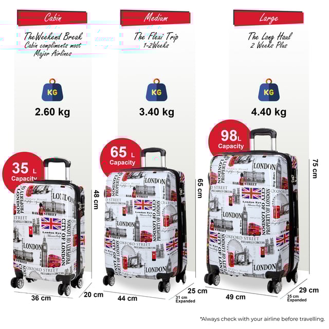 Maleta de cabina expandible rígida con estampado de Londres blanco y 8 ruedas Experimente la combinación perfecta de resistencia, seguridad y flexibilidad con esta maleta rígida expandible de policarbonato. Diseñado para viajeros frecuentes, este juego de equipaje ligero pero ultraduradero garantiza una movilidad sin esfuerzo y una capacidad de empaque mejorada para todos sus viajes. Características: ✅ Material de policarbonato de primera calidad: ultrarresistente y resistente a los impactos, que ofrece una protección superior para sus pertenencias. ✅ Cerradura de combinación integrada: la cerradura incorporada garantiza la seguridad y viaja con tranquilidad. ✅ Diseño expandible: las maletas medianas y grandes cuentan con una cremallera de expansión, que aumenta la capacidad en aproximadamente un 20% para obtener espacio de empaque adicional. ✅ Sistema giratorio de 8 ruedas: el diseño doble de 4 ruedas permite un movimiento suave de 360°, lo que hace que viajar sea sin complicaciones. ✅ Asa telescópica ergonómica: diseñada para la comodidad y la navegación sin esfuerzo por aeropuertos y calles de la ciudad. Tamaño y especificaciones: Cabina: 55 x 36 x 20 cm | Peso: 2,6 kg | Capacidad: 35L Mediano: 60 x 41 x 28 cm (se expande a 33 cm) | Peso: 3,8 kg | Capacidad: 89L Grande: 77 x 50 x 30 cm (se expande a 35 cm) | Peso: 4,5 kg | Capacidad: 123L NOTA: ¡Estas maletas se venden individualmente, no como conjunto, así que seleccione su tamaño preferido!