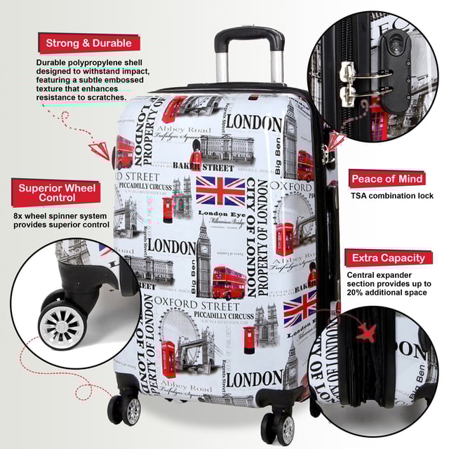 Maleta de cabina expandible rígida con estampado de Londres blanco y 8 ruedas Experimente la combinación perfecta de resistencia, seguridad y flexibilidad con esta maleta rígida expandible de policarbonato. Diseñado para viajeros frecuentes, este juego de equipaje ligero pero ultraduradero garantiza una movilidad sin esfuerzo y una capacidad de empaque mejorada para todos sus viajes. Características: ✅ Material de policarbonato de primera calidad: ultrarresistente y resistente a los impactos, que ofrece una protección superior para sus pertenencias. ✅ Cerradura de combinación integrada: la cerradura incorporada garantiza la seguridad y viaja con tranquilidad. ✅ Diseño expandible: las maletas medianas y grandes cuentan con una cremallera de expansión, que aumenta la capacidad en aproximadamente un 20% para obtener espacio de empaque adicional. ✅ Sistema giratorio de 8 ruedas: el diseño doble de 4 ruedas permite un movimiento suave de 360°, lo que hace que viajar sea sin complicaciones. ✅ Asa telescópica ergonómica: diseñada para la comodidad y la navegación sin esfuerzo por aeropuertos y calles de la ciudad. Tamaño y especificaciones: Cabina: 55 x 36 x 20 cm | Peso: 2,6 kg | Capacidad: 35L Mediano: 60 x 41 x 28 cm (se expande a 33 cm) | Peso: 3,8 kg | Capacidad: 89L Grande: 77 x 50 x 30 cm (se expande a 35 cm) | Peso: 4,5 kg | Capacidad: 123L NOTA: ¡Estas maletas se venden individualmente, no como conjunto, así que seleccione su tamaño preferido!