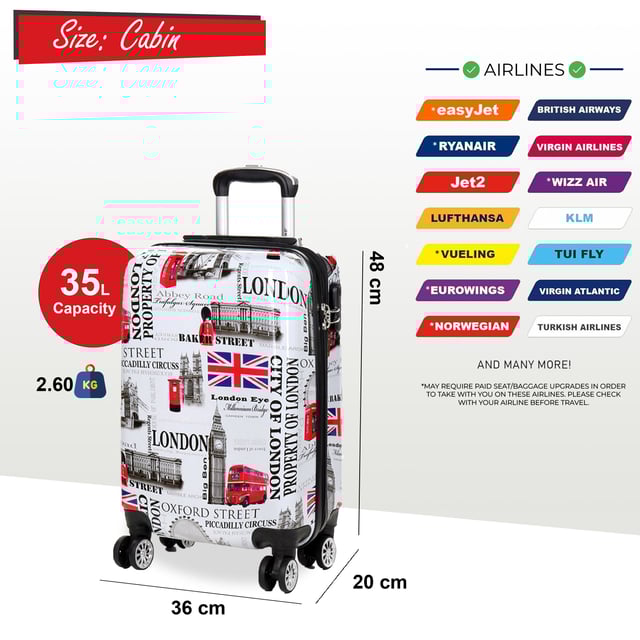 Maleta de cabina expandible rígida con estampado de Londres blanco y 8 ruedas Experimente la combinación perfecta de resistencia, seguridad y flexibilidad con esta maleta rígida expandible de policarbonato. Diseñado para viajeros frecuentes, este juego de equipaje ligero pero ultraduradero garantiza una movilidad sin esfuerzo y una capacidad de empaque mejorada para todos sus viajes. Características: ✅ Material de policarbonato de primera calidad: ultrarresistente y resistente a los impactos, que ofrece una protección superior para sus pertenencias. ✅ Cerradura de combinación integrada: la cerradura incorporada garantiza la seguridad y viaja con tranquilidad. ✅ Diseño expandible: las maletas medianas y grandes cuentan con una cremallera de expansión, que aumenta la capacidad en aproximadamente un 20% para obtener espacio de empaque adicional. ✅ Sistema giratorio de 8 ruedas: el diseño doble de 4 ruedas permite un movimiento suave de 360°, lo que hace que viajar sea sin complicaciones. ✅ Asa telescópica ergonómica: diseñada para la comodidad y la navegación sin esfuerzo por aeropuertos y calles de la ciudad. Tamaño y especificaciones: Cabina: 55 x 36 x 20 cm | Peso: 2,6 kg | Capacidad: 35L Mediano: 60 x 41 x 28 cm (se expande a 33 cm) | Peso: 3,8 kg | Capacidad: 89L Grande: 77 x 50 x 30 cm (se expande a 35 cm) | Peso: 4,5 kg | Capacidad: 123L NOTA: ¡Estas maletas se venden individualmente, no como conjunto, así que seleccione su tamaño preferido!