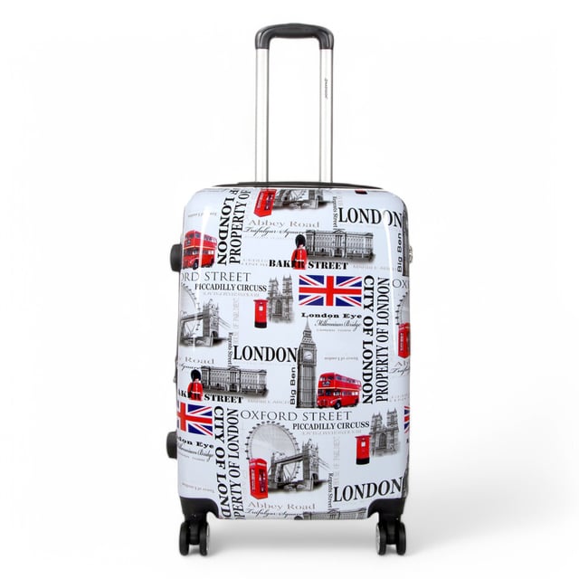 Maleta de cabina expandible rígida con estampado de Londres blanco y 8 ruedas Experimente la combinación perfecta de resistencia, seguridad y flexibilidad con esta maleta rígida expandible de policarbonato. Diseñado para viajeros frecuentes, este juego de equipaje ligero pero ultraduradero garantiza una movilidad sin esfuerzo y una capacidad de empaque mejorada para todos sus viajes. Características: ✅ Material de policarbonato de primera calidad: ultrarresistente y resistente a los impactos, que ofrece una protección superior para sus pertenencias. ✅ Cerradura de combinación integrada: la cerradura incorporada garantiza la seguridad y viaja con tranquilidad. ✅ Diseño expandible: las maletas medianas y grandes cuentan con una cremallera de expansión, que aumenta la capacidad en aproximadamente un 20% para obtener espacio de empaque adicional. ✅ Sistema giratorio de 8 ruedas: el diseño doble de 4 ruedas permite un movimiento suave de 360°, lo que hace que viajar sea sin complicaciones. ✅ Asa telescópica ergonómica: diseñada para la comodidad y la navegación sin esfuerzo por aeropuertos y calles de la ciudad. Tamaño y especificaciones: Cabina: 55 x 36 x 20 cm | Peso: 2,6 kg | Capacidad: 35L Mediano: 60 x 41 x 28 cm (se expande a 33 cm) | Peso: 3,8 kg | Capacidad: 89L Grande: 77 x 50 x 30 cm (se expande a 35 cm) | Peso: 4,5 kg | Capacidad: 123L NOTA: ¡Estas maletas se venden individualmente, no como conjunto, así que seleccione su tamaño preferido!