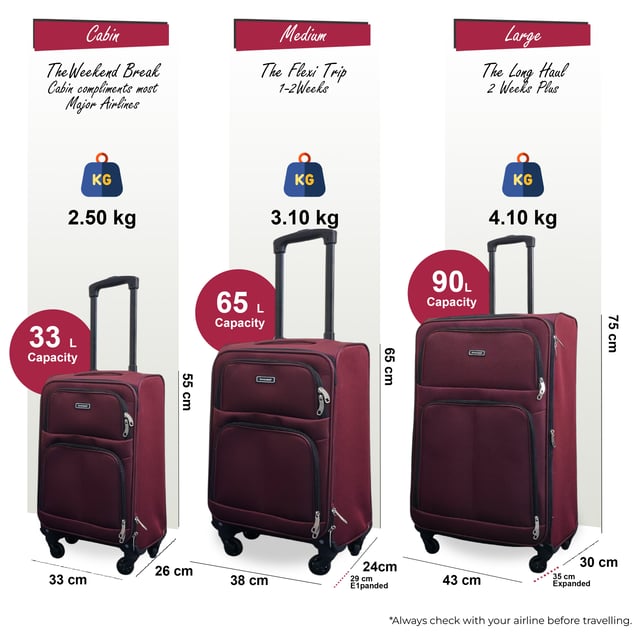 Maleta de cabina de viaje expandible de 4 ruedas con carcasa blanda color vino Mejora tu experiencia de viaje con este equipaje Softshell expandible, diseñado para ofrecer máxima flexibilidad, mayor capacidad y suave maniobrabilidad. Ya sea que te vayas de vacaciones cortas o de una aventura de larga distancia, estas maletas te mantienen organizado, seguro y listo para cualquier cosa. Características: • Exterior Softshell flexible: el material duradero pero liviano facilita el empaque y permite una ligera flexibilidad cuando el espacio es reducido. • Compartimentos expandibles: ¿necesitas más espacio? Usa la cremallera de expansión para aumentar el espacio de almacenamiento hasta en un 20% para souvenirs, ropa extra o artículos esenciales de último minuto. • Cerradura de combinación integrada: viaja sin estrés con cerraduras de seguridad integradas que cumplen con los estándares internacionales de inspección de aeropuertos. • Ruedas giratorias: cuatro ruedas multidireccionales proporcionan un movimiento suave de 360° para una fácil navegación en el aeropuerto. Tamaño y especificaciones: • Cabina: 55 x 33 x 21 cm | Peso: 2,5 kg | Capacidad: 33 L • Mediano: 65 x 38 x 24 cm (se expande a 29 cm) | Peso: 3,1 kg | Capacidad: 65L • Grande: 75 x 43 x 28 cm (se expande a 33 cm) | Peso: 4,1 kg | Capacidad: 90L NOTA: ¡Estas maletas se venden individualmente, no como conjunto, así que seleccione su tamaño preferido!