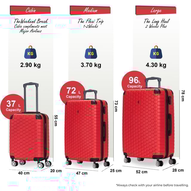 Diseñado para el viajero moderno, este equipaje rígido expandible ofrece un equilibrio perfecto entre durabilidad, seguridad y espacio adicional. Ya sea que vuele por negocios o placer, estos elegantes estuches están diseñados para proporcionar un movimiento suave y fácil, manteniendo sus pertenencias seguras. Características: • Diseño rígido duradero: exterior sólido y resistente a los impactos para proteger su equipaje de golpes e impactos durante sus viajes. • Almacenamiento expandible: agregue hasta un 20% más de espacio con la cremallera de expansión, perfecta para empacar artículos adicionales o recuerdos. • Cerradura de combinación integrada: la cerradura incorporada que cumple con las normas de la TSA garantiza que su equipaje permanezca seguro y de fácil acceso para la seguridad del aeropuerto. • Sistema giratorio de 8 ruedas: el diseño dual de 4 ruedas permite una rotación suave de 360°, lo que hace que maniobrar su equipaje sea muy fácil. Tamaño y especificaciones: • Cabina: 55 x 40 x 20 cm | Peso: 2,9 kg | Capacidad: 37 L • Mediano: 73 x 47 x 25 cm | Peso: 3,7 kg | Capacidad: 72L • Grande: 78 x 52 x 28 cm | Peso: 4,3 kg | Capacidad: 96L • Extra grande: 87 x 57 x 34 cm | Peso: 5,2 kg | Capacidad: 135L NOTA: Estas maletas se venden individualmente, no como un conjunto, así que seleccione su tamaño preferido antes de realizar el pedido.