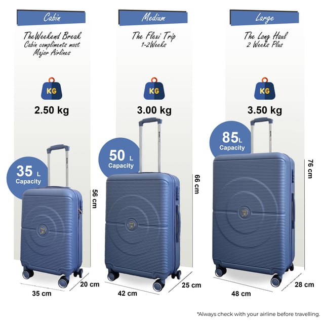Tackle every trip with confidence using this Hardshell Luggage. Designed for durability, smooth handling, and secure storage, these suitcases are perfect for holidays and everyday travel. With its solid build and practical features, you'll enjoy stress-free packing and easy airport navigation.
Features:
•	Durable Hardshell Exterior – Tough outer shell helps protect your belongings from impact and rough handling during transit.
•	Integrated Combination Lock – Keep your items safe with a built-in lock that complies with international airport security standards.
•	8-Wheel Spinner System – Double 360° wheels provide smooth, stable rolling in any direction, making it easy to glide through busy terminals.
•	Lightweight & Travel-Ready – Strong yet light design ensures easy lifting and effortless manoeuvring.
Size & Specifications:
•	Cabin: 56 x 35 x 20 cm | Weight: 2.5 kg | Capacity: 35L
•	Medium: 66 x 42 x 25 cm | Weight: 3.0 kg | Capacity: 55L 
•	Large: 76 x 48 x 28 cm | Weight: 3.5 kg | Capacity: 85L
NOTE : These suitcases are sold individually not as set, so please select your prefered size!