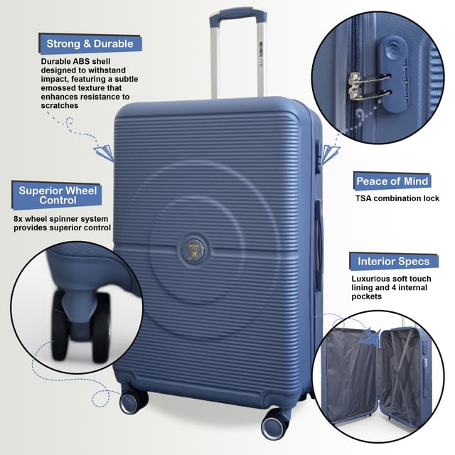 Tackle every trip with confidence using this Hardshell Luggage. Designed for durability, smooth handling, and secure storage, these suitcases are perfect for holidays and everyday travel. With its solid build and practical features, you'll enjoy stress-free packing and easy airport navigation.
Features:
•	Durable Hardshell Exterior – Tough outer shell helps protect your belongings from impact and rough handling during transit.
•	Integrated Combination Lock – Keep your items safe with a built-in lock that complies with international airport security standards.
•	8-Wheel Spinner System – Double 360° wheels provide smooth, stable rolling in any direction, making it easy to glide through busy terminals.
•	Lightweight & Travel-Ready – Strong yet light design ensures easy lifting and effortless manoeuvring.
Size & Specifications:
•	Cabin: 56 x 35 x 20 cm | Weight: 2.5 kg | Capacity: 35L
•	Medium: 66 x 42 x 25 cm | Weight: 3.0 kg | Capacity: 55L 
•	Large: 76 x 48 x 28 cm | Weight: 3.5 kg | Capacity: 85L
NOTE : These suitcases are sold individually not as set, so please select your prefered size!