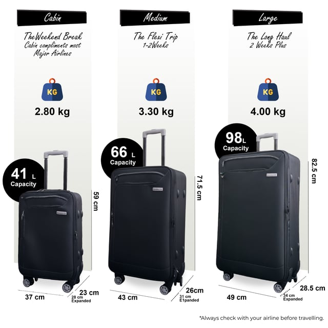 Lichtgewicht zwarte zachte koffer met 8 wielen voor handbagage Reis comfortabel en vol vertrouwen met deze stijlvolle Soft Shell-koffer. Ontworpen voor flexibiliteit, veiligheid en soepele bediening, zijn deze koffers ideaal voor zowel vakantiegangers als frequente vliegers. Met een duurzame constructie en praktische functies is het uw perfecte reisgenoot voor zowel korte als lange reizen. Kenmerken: • Soft Shell-constructie - Flexibele maar duurzame stoffen buitenkant voor lichtgewicht bediening en gemakkelijker opbergen. • Geïntegreerd combinatieslot - Het ingebouwde slot houdt uw bezittingen veilig en voldoet aan de veiligheidsnormen van de luchthaven. • 8-wiel spinnersysteem - Dubbele wielen bieden soepele 360° rotatie voor stabiele en moeiteloze manoeuvreerbaarheid. • Ruim en georganiseerd - Doordacht ontworpen interieurs bieden voldoende ruimte voor uw benodigdheden met gemakkelijke toegang. • Gemakkelijk schoon te maken - Veeg het oppervlak eenvoudig af met een vochtige doek om uw bagage er fris uit te laten zien. Afmetingen en specificaties: • Cabine: 59 x 37 x 23 cm | Gewicht: 2,8 kg | Inhoud: 41 l • Medium: 71,5 x 43 x 26 cm | Gewicht: 3,3 kg | Capaciteit: 66L • Groot: 82,5 x 49 x 28,5 cm | Gewicht: 4,0 kg | Capaciteit: 98L LET OP: Deze koffers worden afzonderlijk verkocht, niet als set. Selecteer dus uw voorkeursmaat!