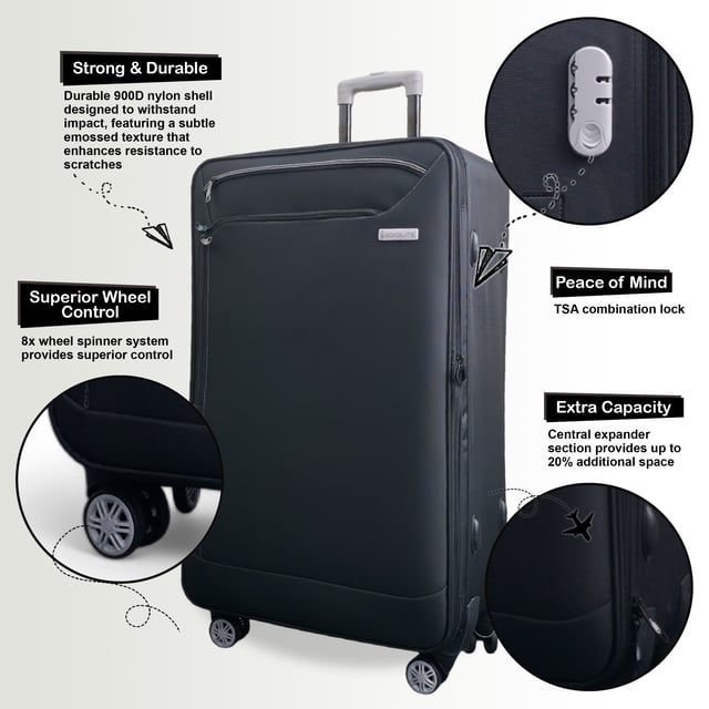 Lichtgewicht zwarte zachte koffer met 8 wielen voor handbagage Reis comfortabel en vol vertrouwen met deze stijlvolle Soft Shell-koffer. Ontworpen voor flexibiliteit, veiligheid en soepele bediening, zijn deze koffers ideaal voor zowel vakantiegangers als frequente vliegers. Met een duurzame constructie en praktische functies is het uw perfecte reisgenoot voor zowel korte als lange reizen. Kenmerken: • Soft Shell-constructie - Flexibele maar duurzame stoffen buitenkant voor lichtgewicht bediening en gemakkelijker opbergen. • Geïntegreerd combinatieslot - Het ingebouwde slot houdt uw bezittingen veilig en voldoet aan de veiligheidsnormen van de luchthaven. • 8-wiel spinnersysteem - Dubbele wielen bieden soepele 360° rotatie voor stabiele en moeiteloze manoeuvreerbaarheid. • Ruim en georganiseerd - Doordacht ontworpen interieurs bieden voldoende ruimte voor uw benodigdheden met gemakkelijke toegang. • Gemakkelijk schoon te maken - Veeg het oppervlak eenvoudig af met een vochtige doek om uw bagage er fris uit te laten zien. Afmetingen en specificaties: • Cabine: 59 x 37 x 23 cm | Gewicht: 2,8 kg | Inhoud: 41 l • Medium: 71,5 x 43 x 26 cm | Gewicht: 3,3 kg | Capaciteit: 66L • Groot: 82,5 x 49 x 28,5 cm | Gewicht: 4,0 kg | Capaciteit: 98L LET OP: Deze koffers worden afzonderlijk verkocht, niet als set. Selecteer dus uw voorkeursmaat!