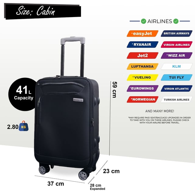 Lichtgewicht zwarte zachte koffer met 8 wielen voor handbagage Reis comfortabel en vol vertrouwen met deze stijlvolle Soft Shell-koffer. Ontworpen voor flexibiliteit, veiligheid en soepele bediening, zijn deze koffers ideaal voor zowel vakantiegangers als frequente vliegers. Met een duurzame constructie en praktische functies is het uw perfecte reisgenoot voor zowel korte als lange reizen. Kenmerken: • Soft Shell-constructie - Flexibele maar duurzame stoffen buitenkant voor lichtgewicht bediening en gemakkelijker opbergen. • Geïntegreerd combinatieslot - Het ingebouwde slot houdt uw bezittingen veilig en voldoet aan de veiligheidsnormen van de luchthaven. • 8-wiel spinnersysteem - Dubbele wielen bieden soepele 360° rotatie voor stabiele en moeiteloze manoeuvreerbaarheid. • Ruim en georganiseerd - Doordacht ontworpen interieurs bieden voldoende ruimte voor uw benodigdheden met gemakkelijke toegang. • Gemakkelijk schoon te maken - Veeg het oppervlak eenvoudig af met een vochtige doek om uw bagage er fris uit te laten zien. Afmetingen en specificaties: • Cabine: 59 x 37 x 23 cm | Gewicht: 2,8 kg | Inhoud: 41 l • Medium: 71,5 x 43 x 26 cm | Gewicht: 3,3 kg | Capaciteit: 66L • Groot: 82,5 x 49 x 28,5 cm | Gewicht: 4,0 kg | Capaciteit: 98L LET OP: Deze koffers worden afzonderlijk verkocht, niet als set. Selecteer dus uw voorkeursmaat!