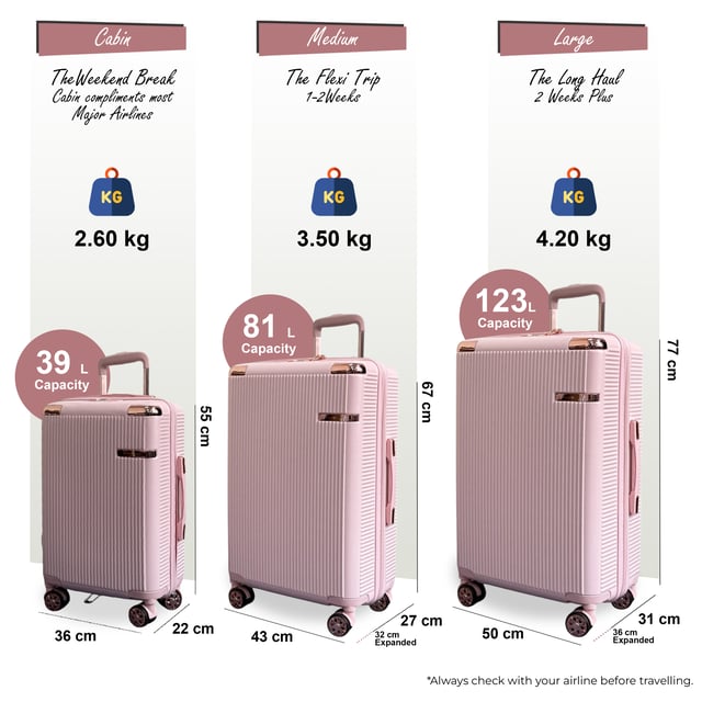 Maleta de cabina de viaje expandible de color oro rosa con carcasa rígida y 8 ruedas Viaje con confianza con esta maleta rígida, ligera y segura. Fabricada con policarbonato duradero, ofrece una resistencia superior a los impactos y cuenta con cerraduras TSA para mayor seguridad, ruedas giratorias de 8 ruedas para un movimiento sin esfuerzo y capacidad expandible para una mayor flexibilidad de empaque. Características: Carcasa de policarbonato duradero: Fabricada con policarbonato de alta calidad, esta carcasa proporciona una resistencia excepcional a los impactos sin dejar de ser ligera, lo que garantiza que sus pertenencias estén bien protegidas durante todo su viaje. Cerradura de combinación TSA: La cerradura de combinación integrada aprobada por la TSA ofrece mayor seguridad, permitiendo que la seguridad del aeropuerto inspeccione su equipaje sin dañarlo, lo que le proporciona tranquilidad durante el viaje. Sistema giratorio de 360° de 8 ruedas: Equipado con ocho ruedas giratorias de suave rodamiento, este conjunto permite una maniobrabilidad de 360 grados sin esfuerzo, lo que hace que navegar por aeropuertos y estaciones de tren concurridos sea muy fácil. Diseño expandible: Cada maleta cuenta con una cremallera expandible, que proporciona capacidad de empaque adicional cuando se necesita, ideal para traer recuerdos o acomodar artículos adicionales. Asa telescópica ergonómica: El asa telescópica ajustable garantiza un manejo cómodo y suave, adaptándose a su altura preferida para facilitar su desplazamiento. Especificaciones: Cabina: 55 x 36 x 22 cm, 2,6 kg, 39 L; Mediana: 67 x 43 x 27 cm (32 expandida), 3,50 kg, 81 L; Grande: 77 x 50 x 31 cm (36 expandida), 4,20 kg, 123 L. NOTA: Estas maletas se venden por separado, no como juego, así que seleccione su tamaño preferido.