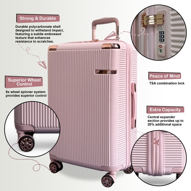 Maleta de cabina de viaje expandible de color oro rosa con carcasa rígida y 8 ruedas Viaje con confianza con esta maleta rígida, ligera y segura. Fabricada con policarbonato duradero, ofrece una resistencia superior a los impactos y cuenta con cerraduras TSA para mayor seguridad, ruedas giratorias de 8 ruedas para un movimiento sin esfuerzo y capacidad expandible para una mayor flexibilidad de empaque. Características: Carcasa de policarbonato duradero: Fabricada con policarbonato de alta calidad, esta carcasa proporciona una resistencia excepcional a los impactos sin dejar de ser ligera, lo que garantiza que sus pertenencias estén bien protegidas durante todo su viaje. Cerradura de combinación TSA: La cerradura de combinación integrada aprobada por la TSA ofrece mayor seguridad, permitiendo que la seguridad del aeropuerto inspeccione su equipaje sin dañarlo, lo que le proporciona tranquilidad durante el viaje. Sistema giratorio de 360° de 8 ruedas: Equipado con ocho ruedas giratorias de suave rodamiento, este conjunto permite una maniobrabilidad de 360 grados sin esfuerzo, lo que hace que navegar por aeropuertos y estaciones de tren concurridos sea muy fácil. Diseño expandible: Cada maleta cuenta con una cremallera expandible, que proporciona capacidad de empaque adicional cuando se necesita, ideal para traer recuerdos o acomodar artículos adicionales. Asa telescópica ergonómica: El asa telescópica ajustable garantiza un manejo cómodo y suave, adaptándose a su altura preferida para facilitar su desplazamiento. Especificaciones: Cabina: 55 x 36 x 22 cm, 2,6 kg, 39 L; Mediana: 67 x 43 x 27 cm (32 expandida), 3,50 kg, 81 L; Grande: 77 x 50 x 31 cm (36 expandida), 4,20 kg, 123 L. NOTA: Estas maletas se venden por separado, no como juego, así que seleccione su tamaño preferido.