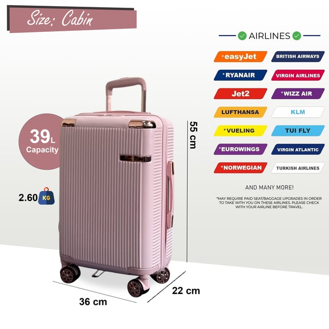 Maleta de cabina de viaje expandible de color oro rosa con carcasa rígida y 8 ruedas Viaje con confianza con esta maleta rígida, ligera y segura. Fabricada con policarbonato duradero, ofrece una resistencia superior a los impactos y cuenta con cerraduras TSA para mayor seguridad, ruedas giratorias de 8 ruedas para un movimiento sin esfuerzo y capacidad expandible para una mayor flexibilidad de empaque. Características: Carcasa de policarbonato duradero: Fabricada con policarbonato de alta calidad, esta carcasa proporciona una resistencia excepcional a los impactos sin dejar de ser ligera, lo que garantiza que sus pertenencias estén bien protegidas durante todo su viaje. Cerradura de combinación TSA: La cerradura de combinación integrada aprobada por la TSA ofrece mayor seguridad, permitiendo que la seguridad del aeropuerto inspeccione su equipaje sin dañarlo, lo que le proporciona tranquilidad durante el viaje. Sistema giratorio de 360° de 8 ruedas: Equipado con ocho ruedas giratorias de suave rodamiento, este conjunto permite una maniobrabilidad de 360 grados sin esfuerzo, lo que hace que navegar por aeropuertos y estaciones de tren concurridos sea muy fácil. Diseño expandible: Cada maleta cuenta con una cremallera expandible, que proporciona capacidad de empaque adicional cuando se necesita, ideal para traer recuerdos o acomodar artículos adicionales. Asa telescópica ergonómica: El asa telescópica ajustable garantiza un manejo cómodo y suave, adaptándose a su altura preferida para facilitar su desplazamiento. Especificaciones: Cabina: 55 x 36 x 22 cm, 2,6 kg, 39 L; Mediana: 67 x 43 x 27 cm (32 expandida), 3,50 kg, 81 L; Grande: 77 x 50 x 31 cm (36 expandida), 4,20 kg, 123 L. NOTA: Estas maletas se venden por separado, no como juego, así que seleccione su tamaño preferido.