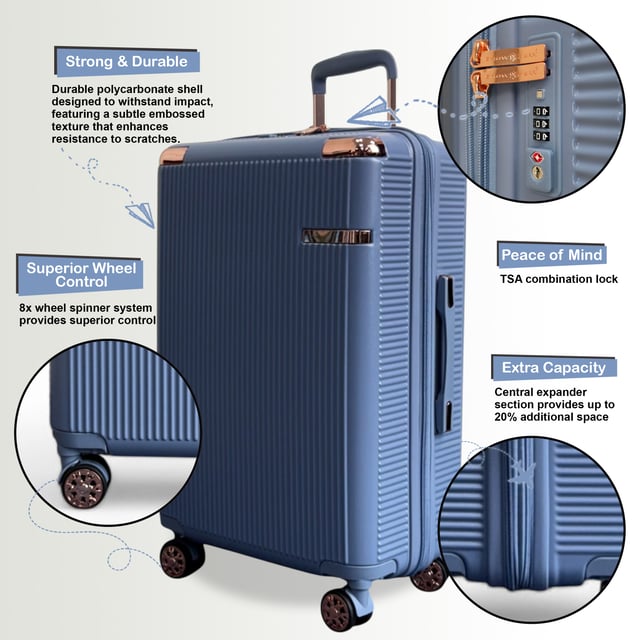 Viaje con confianza con esta maleta rígida, ligera y segura. Fabricada con policarbonato duradero, ofrece una resistencia superior a los impactos y cuenta con cerraduras TSA para mayor seguridad, ruedas giratorias de 8 ruedas para un movimiento sin esfuerzo y capacidad expandible para una mayor flexibilidad de empaque. Características: Carcasa de policarbonato duradero: Fabricada con policarbonato de alta calidad, esta carcasa proporciona una resistencia excepcional a los impactos sin dejar de ser ligera, lo que garantiza que sus pertenencias estén bien protegidas durante todo su viaje. Cerradura de combinación TSA: La cerradura de combinación integrada aprobada por la TSA ofrece mayor seguridad, permitiendo que la seguridad del aeropuerto inspeccione su equipaje sin dañarlo, lo que le proporciona tranquilidad durante el viaje. Sistema giratorio de 360° de 8 ruedas: Equipado con ocho ruedas giratorias de suave rodamiento, este conjunto permite una maniobrabilidad de 360 ​​grados sin esfuerzo, lo que hace que navegar por aeropuertos y estaciones de tren concurridos sea muy fácil. Diseño expandible: Cada maleta cuenta con una cremallera expandible, que proporciona capacidad de empaque adicional cuando se necesita, ideal para traer recuerdos o acomodar artículos adicionales. Asa telescópica ergonómica: El asa telescópica ajustable garantiza un manejo cómodo y suave, adaptándose a su altura preferida para facilitar su desplazamiento. Especificaciones: Cabina: 55 x 36 x 22 cm, 2,6 kg, 39 L; Mediana: 67 x 43 x 27 cm (32 expandida), 3,50 kg, 81 L; Grande: 77 x 50 x 31 cm (36 expandida), 4,20 kg, 123 L. NOTA: Estas maletas se venden por separado, no como juego, así que seleccione su tamaño preferido.