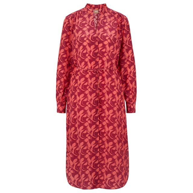 Women's Boss Dibanora Dress. Tunic collar.- Long sleeves.- Tie belt at waist.- Allover graphic leaf motif.- Side slits.- Rounded hem.- Main material: 100% Silk.- Lining: 100% Viscose.- Dry clean. Ref: 50487193973.