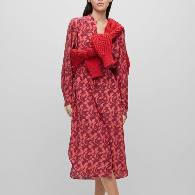 Women's Boss Dibanora Dress. Tunic collar.- Long sleeves.- Tie belt at waist.- Allover graphic leaf motif.- Side slits.- Rounded hem.- Main material: 100% Silk.- Lining: 100% Viscose.- Dry clean. Ref: 50487193973.