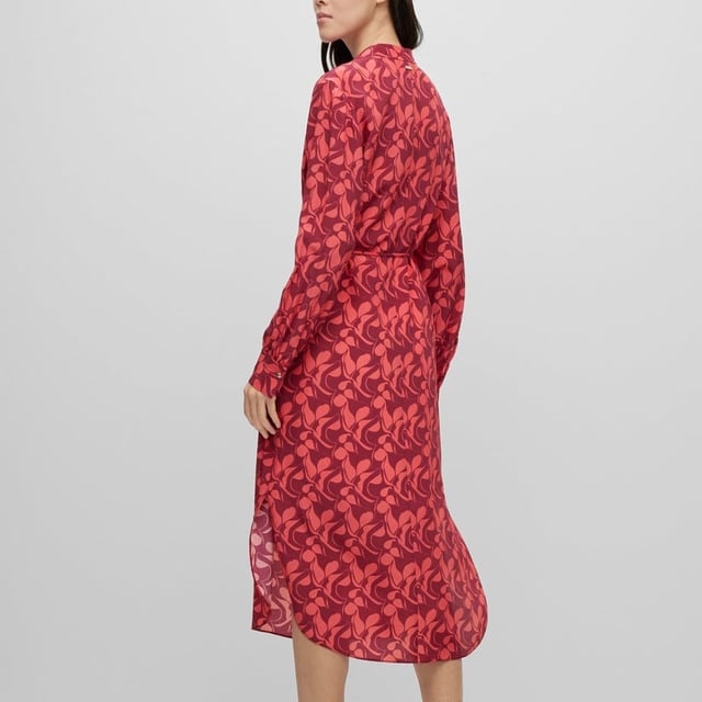 Women's Boss Dibanora Dress. Tunic collar.- Long sleeves.- Tie belt at waist.- Allover graphic leaf motif.- Side slits.- Rounded hem.- Main material: 100% Silk.- Lining: 100% Viscose.- Dry clean. Ref: 50487193973.