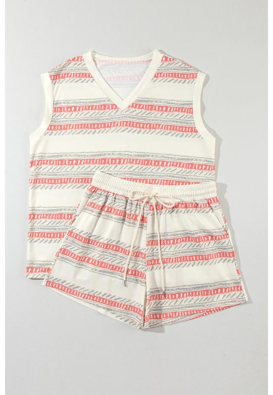 Our styles are designed with a trendy fitted look in mind following an international size standard. For the best fit we suggest choosing one size up from your usual. Be sure to check our sizing chart to find your perfect match!
Stylish tank and shorts set for the coming summer holiday Western striped print is fashionable and classic Two
  piece set includes a relaxed fit tank and adjustable drawstring shorts Sleeveless style ensures comfort and ease Medium elasticity for a comfortable fit
Material: 95% Polyester 5% Elastane