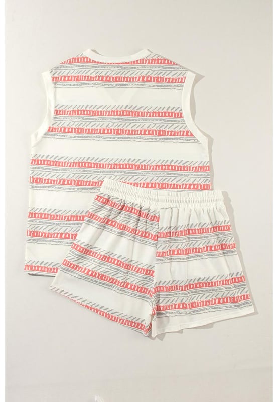 Our styles are designed with a trendy fitted look in mind following an international size standard. For the best fit we suggest choosing one size up from your usual. Be sure to check our sizing chart to find your perfect match!
Stylish tank and shorts set for the coming summer holiday Western striped print is fashionable and classic Two
  piece set includes a relaxed fit tank and adjustable drawstring shorts Sleeveless style ensures comfort and ease Medium elasticity for a comfortable fit
Material: 95% Polyester 5% Elastane