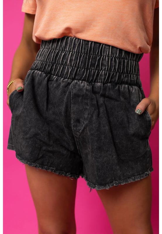Trendy smocked high waist design
  Mineral washed finish for a cool and laid
  back vibe
  Raw edges for an edgy and carefree feel
  Perfect for a laid
  back day with a casual tee and sneakers
  Available in sizes 6
  16 with medium
  high elasticity
Material: 71% Cotton 27.5% Polyester 1.5% Elastane