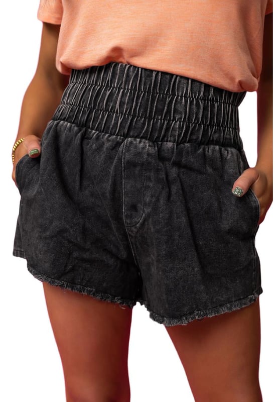 Trendy smocked high waist design
  Mineral washed finish for a cool and laid
  back vibe
  Raw edges for an edgy and carefree feel
  Perfect for a laid
  back day with a casual tee and sneakers
  Available in sizes 6
  16 with medium
  high elasticity
Material: 71% Cotton 27.5% Polyester 1.5% Elastane