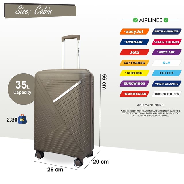 Robust PP Hard Shell Taupe 8 Wheels Luggage Travel Holiday Suitcase Set Get ready for smooth and secure travels with this Hardshell Luggage Set. Designed for effortless movement and reliable protection, this set is perfect for holidays, business trips, and weekend getaways. Its tough exterior, built-in security, and easy-glide wheels make it a smart choice for frequent flyers.
Features:
• Tough Hardshell Design – Solid, impact-resistant construction helps safeguard your belongings against travel bumps and knocks.
• Integrated Combination Lock – Secure your valuables with built-in locks that comply with international airport security regulations.
• 8-Wheel Spinner System – Glide smoothly through terminals with 360° rotating double wheels that offer superior stability and control.
• Lightweight & Travel-Friendly – Strong yet lightweight, making lifting and handling easier throughout your journey.
Size & Specifications:
• Cabin: 55 x 26 x 20 cm | Weight: 2.3 kg | Capacity: 35L
• Medium: 65 x 42 x 25 cm | Weight: 2.9 kg | Capacity: 55L
• Large: 75 x 48 x 29 cm | Weight: 3.8 kg | Capacity: 85L
From short breaks to long-haul holidays, this stylish and secure luggage set is built to travel with ease and confidence.