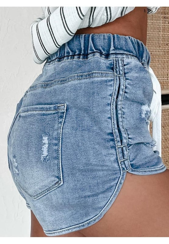 High waist design for a flattering fit showing a sexy curve
  Distressed detailing adds a fashion
  forward edge
  Adjustable drawstring for customized comfort
  Versatile style for casual or chic looks
Material: 93% Cotton 5% polyester 2% Elastane