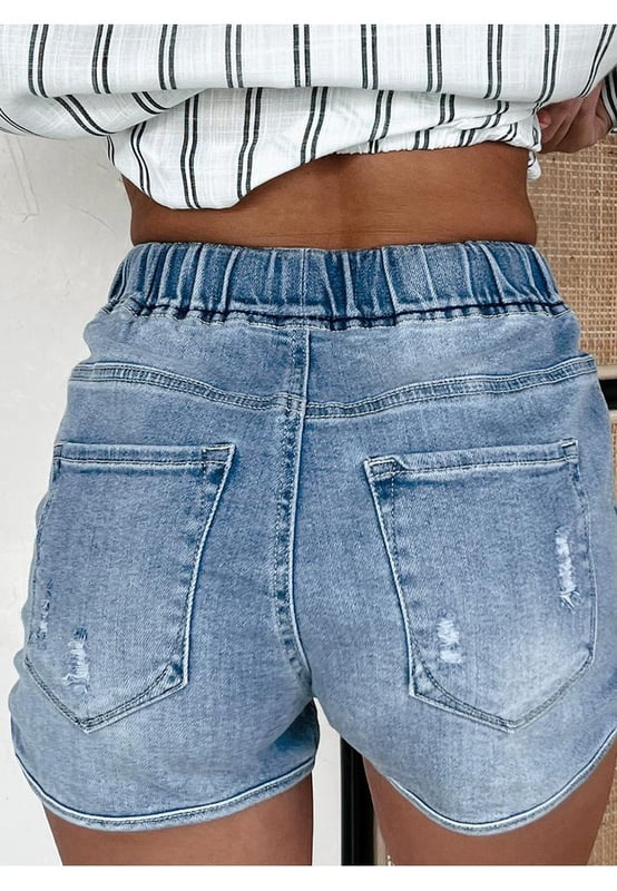 High waist design for a flattering fit showing a sexy curve
  Distressed detailing adds a fashion
  forward edge
  Adjustable drawstring for customized comfort
  Versatile style for casual or chic looks
Material: 93% Cotton 5% polyester 2% Elastane