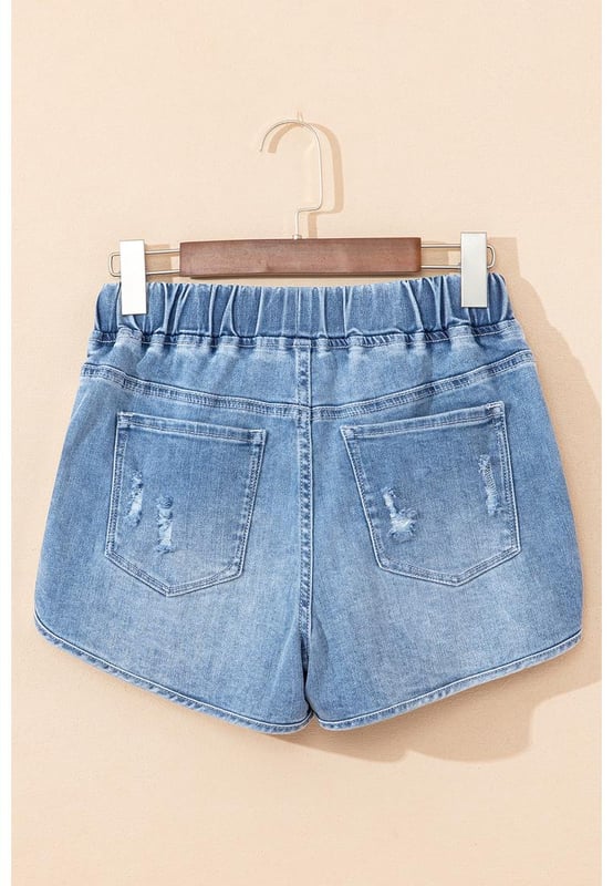 High waist design for a flattering fit showing a sexy curve
  Distressed detailing adds a fashion
  forward edge
  Adjustable drawstring for customized comfort
  Versatile style for casual or chic looks
Material: 93% Cotton 5% polyester 2% Elastane