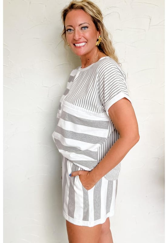 Our styles are designed with a trendy fitted look in mind following an international size standard. For the best fit we suggest choosing one size up from your usual. Be sure to check our sizing chart to find your perfect match!
  Two
  piece set featuring a top and shorts
  Mixed striped prints for a dynamic look
  Short sleeves for a relaxed fit
  Side pockets on the shorts for added convenience
Material: 95% Cotton 5% Elastane