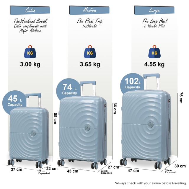 Upgrade your travel gear with this Expandable Polypropylene Hard Shell Suitcase Set, designed for durability, security, and maximum packing convenience. Whether you're traveling for business or leisure, this lightweight yet impact-resistant luggage set ensures smooth and stress-free journeys.
Features:
Premium Polypropylene Material – Tough, durable, and resistant to impact, keeping your belongings well-protected.
Integrated Combination Lock – Built-in security lock to keep your valuables safe.
Expandable Design – All sizes feature an expansion zip, providing extra storage when needed.
8-Wheel Spinner System – Dual 4-wheel design ensures effortless 360° movement for easy navigation.
Ergonomic Telescopic Handle – Adjustable handle for comfortable and smooth handling.
Size & Specifications:
Cabin: 55 x 37 x 22 cm (Expands to 27 cm) | Weight: 3.0 kg | Capacity: 45L
Medium: 66 x 43 x 27 cm (Expands to 32 cm) | Weight: 3.65 kg | Capacity: 74L
Large: 76 x 47 x 30 cm (Expands to 35 cm) | Weight: 4.55 kg | Capacity: 102L
Designed for travellers who need extra capacity, durability, and security, this luggage set offers a sleek, modern design while ensuring a hassle-free travel experience. Travel smart, pack more, and move with ease!