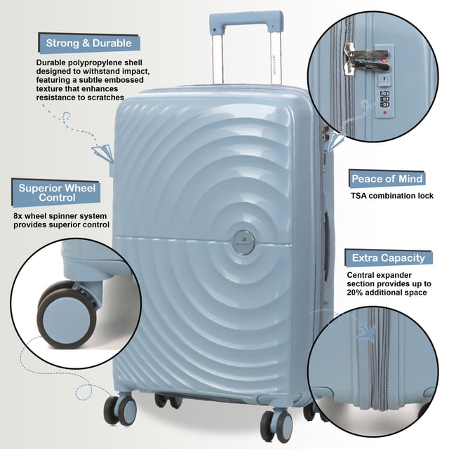 Upgrade your travel gear with this Expandable Polypropylene Hard Shell Suitcase Set, designed for durability, security, and maximum packing convenience. Whether you're traveling for business or leisure, this lightweight yet impact-resistant luggage set ensures smooth and stress-free journeys.
Features:
Premium Polypropylene Material – Tough, durable, and resistant to impact, keeping your belongings well-protected.
Integrated Combination Lock – Built-in security lock to keep your valuables safe.
Expandable Design – All sizes feature an expansion zip, providing extra storage when needed.
8-Wheel Spinner System – Dual 4-wheel design ensures effortless 360° movement for easy navigation.
Ergonomic Telescopic Handle – Adjustable handle for comfortable and smooth handling.
Size & Specifications:
Cabin: 55 x 37 x 22 cm (Expands to 27 cm) | Weight: 3.0 kg | Capacity: 45L
Medium: 66 x 43 x 27 cm (Expands to 32 cm) | Weight: 3.65 kg | Capacity: 74L
Large: 76 x 47 x 30 cm (Expands to 35 cm) | Weight: 4.55 kg | Capacity: 102L
Designed for travellers who need extra capacity, durability, and security, this luggage set offers a sleek, modern design while ensuring a hassle-free travel experience. Travel smart, pack more, and move with ease!