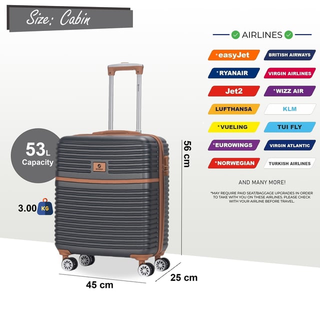 This spacious hardshell cabin luggage combines durability, security, and smooth manoeuvrability, making it an ideal choice for travellers who need extra capacity and peace of mind. With its integrated TSA lock and 8-wheel spinner system, your belongings will be safe and easy to navigate through busy travel environments.
Features:
•	Durable Hardshell Design – The solid, hard exterior protects your belongings from bumps and scratches, ensuring they stay safe throughout your journey.
•	Integrated TSA Lock – Built-in combination lock provides peace of mind and complies with travel security standards, allowing airport security to inspect your luggage without damaging it.
•	8-Wheel Spinner System – Features smooth, easy glide double wheels for effortless 360-degree movement, ensuring easy handling across any surface.
•	Generous Capacity – With a capacity of 53L, this luggage offers ample space for your essentials and extra items, whether for a short getaway or longer trips.
Size & Specifications:
•	Dimensions: 56 x 45 x 25 cm | Weight: 3.00 kg | Capacity: 53L (Suitable for British Airways)
The perfect combination of security, spaciousness, and convenience, this suitcase is a must-have for any traveller.