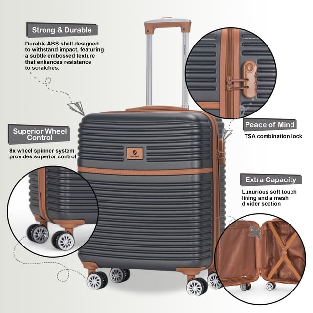 This spacious hardshell cabin luggage combines durability, security, and smooth manoeuvrability, making it an ideal choice for travellers who need extra capacity and peace of mind. With its integrated TSA lock and 8-wheel spinner system, your belongings will be safe and easy to navigate through busy travel environments.
Features:
•	Durable Hardshell Design – The solid, hard exterior protects your belongings from bumps and scratches, ensuring they stay safe throughout your journey.
•	Integrated TSA Lock – Built-in combination lock provides peace of mind and complies with travel security standards, allowing airport security to inspect your luggage without damaging it.
•	8-Wheel Spinner System – Features smooth, easy glide double wheels for effortless 360-degree movement, ensuring easy handling across any surface.
•	Generous Capacity – With a capacity of 53L, this luggage offers ample space for your essentials and extra items, whether for a short getaway or longer trips.
Size & Specifications:
•	Dimensions: 56 x 45 x 25 cm | Weight: 3.00 kg | Capacity: 53L (Suitable for British Airways)
The perfect combination of security, spaciousness, and convenience, this suitcase is a must-have for any traveller.