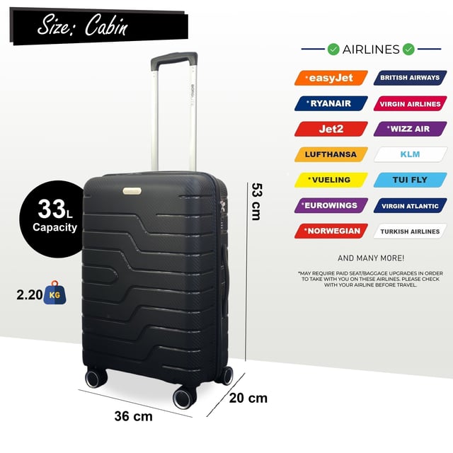 Take the stress out of travel with this Hardshell Cabin Luggage, built for modern travellers who value security, durability, and smooth mobility. Whether it’s a quick city break or a longer getaway, this lightweight and solid suitcase offers a stylish, dependable solution for all your packing needs.
Features:
•	Durable Hardshell Build – Strong, impact-resistant exterior keeps your belongings protected during transit.
•	Integrated Combination Lock – TSA-compliant built-in lock ensures your luggage stays secure and accessible to airport security.
•	8-Wheel Spinner System – Easy-glide double wheels rotate 360° for smooth handling and effortless airport navigation.
•	Lightweight & Practical – Designed to be light and easy to carry, while offering generous internal capacity.
Size & Specifications:
•	Cabin: 53 x 36 x 20 cm | Weight: 2.2 kg | Capacity: 33L