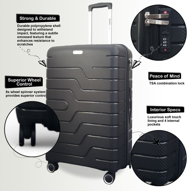 Take the stress out of travel with this Hardshell Cabin Luggage, built for modern travellers who value security, durability, and smooth mobility. Whether it’s a quick city break or a longer getaway, this lightweight and solid suitcase offers a stylish, dependable solution for all your packing needs.
Features:
•	Durable Hardshell Build – Strong, impact-resistant exterior keeps your belongings protected during transit.
•	Integrated Combination Lock – TSA-compliant built-in lock ensures your luggage stays secure and accessible to airport security.
•	8-Wheel Spinner System – Easy-glide double wheels rotate 360° for smooth handling and effortless airport navigation.
•	Lightweight & Practical – Designed to be light and easy to carry, while offering generous internal capacity.
Size & Specifications:
•	Cabin: 53 x 36 x 20 cm | Weight: 2.2 kg | Capacity: 33L